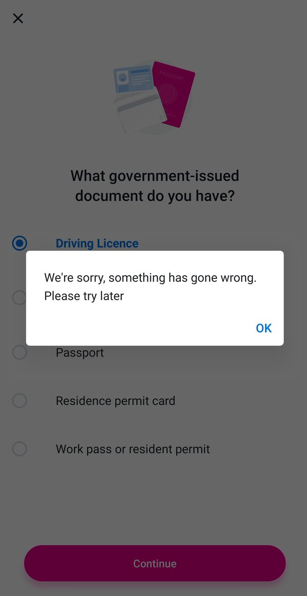 PizzocaroS's tweet photo. @RevolutApp any issues? Tried verifying my account a few times and it fails. Now getting this? https://t.co/sYD5hILdvs