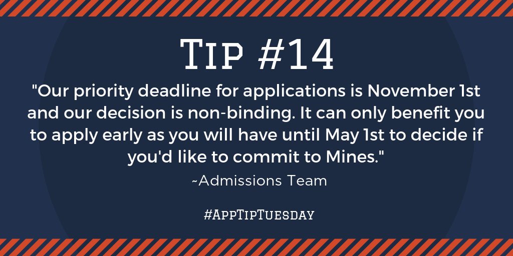 MinesAdmissions's tweet photo. 9 more days until our priority deadline hits. What are you waiting for? Apply to be a #futureoredigger!
#apptiptuesday https://t.co/KjF1o2G1vr