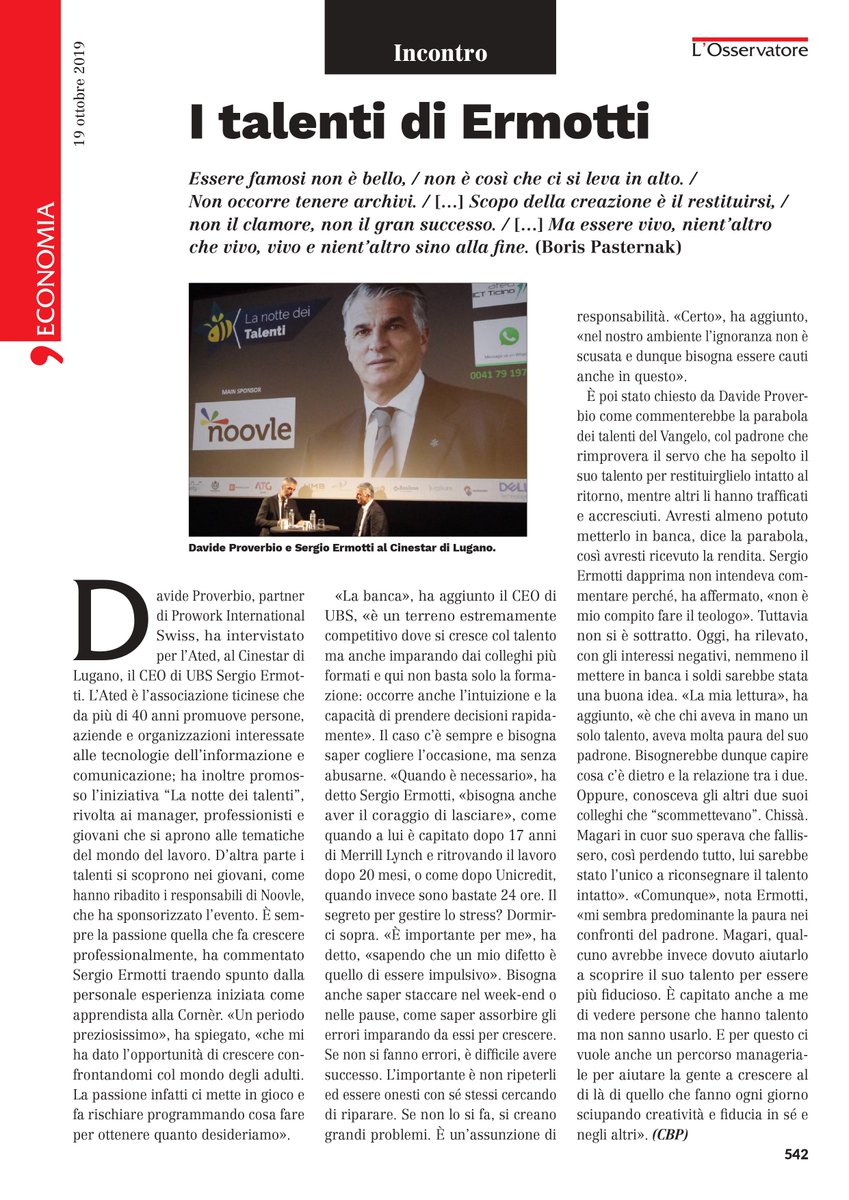 atedIctTicino's tweet photo. Articolo interessante pubblicato da L'Osservatore sui #Talenti di un ospite illustre in occasione della prima edizione de "La Notte dei Talenti" 🐝
intervista condotta da Davide Proverbio
#lanottedeitalenti #humansuccess #success https://t.co/V0B5plOFb5