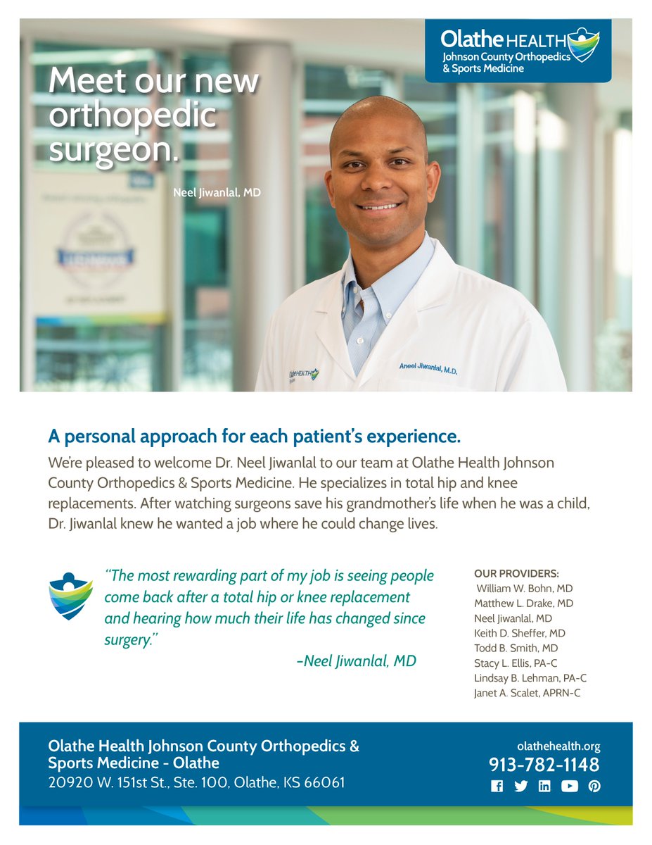 We're thrilled to welcome Dr. Neel Jiwanlal to our team! He is an Orthopedic Surgeon at Olathe Health Johnson County Orthopedics and Sports Medicine - Olathe. bit.ly/2MEy4Bn #community #health