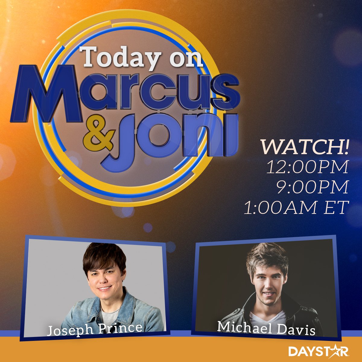 Daystar's tweet photo. You don't want to miss #MarcusAndJoni today at 12pm ET as we hang out with @JosephPrince who is the senior pastor of @NCCSG in Singapore, as well as hear music from recording artist @MaDavisMusic. Watch on @Daysar and https://t.co/hqKHUTO0Ed https://t.co/QWJutguz6V