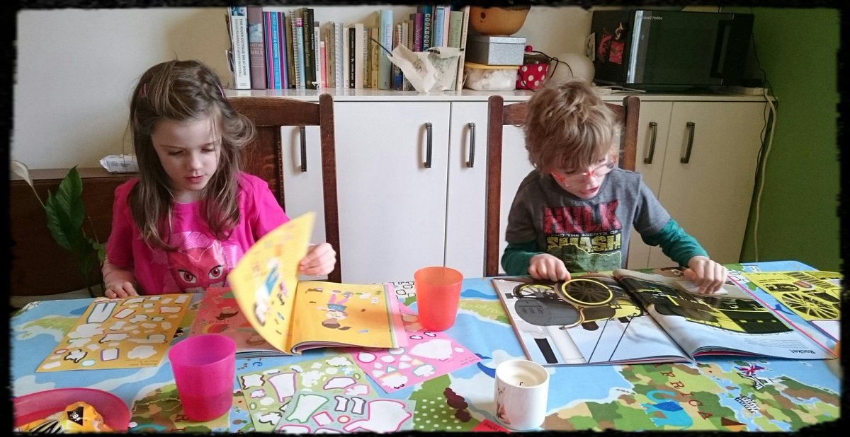 SuffolkGael's tweet photo. End of the tattie holidays and it's sticker book central. The stickers also held the twinnies at bay (not literally) while our new washing machine was put in. Sandy wished the old one a "happy new life" so many times I lost count. #lifeatfive https://t.co/rY4TNeAncT