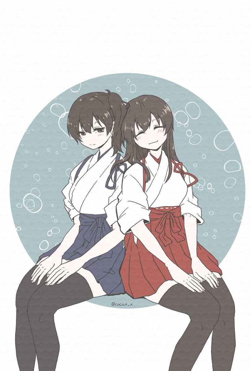 akagi (kancolle) ,kaga (kancolle) multiple girls 2girls long hair thighhighs japanese clothes side ponytail brown hair  illustration images