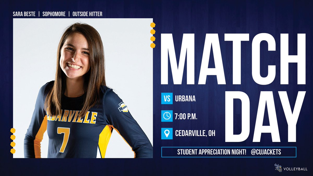 CUJackets's tweet photo. MATCH DAY! @cedarvillevball hosts @UrbanaU_Sports 
in non-conference action!
⏰7:00 PM / #StudentAppreciationNight
Live STATS / VIDEO: https://t.co/ZyRQqzQqcE
Match Day Program: https://t.co/OaSmvnRMY6
#BackTheJackets #CedarvilleUniversity https://t.co/KqzDHkax4G