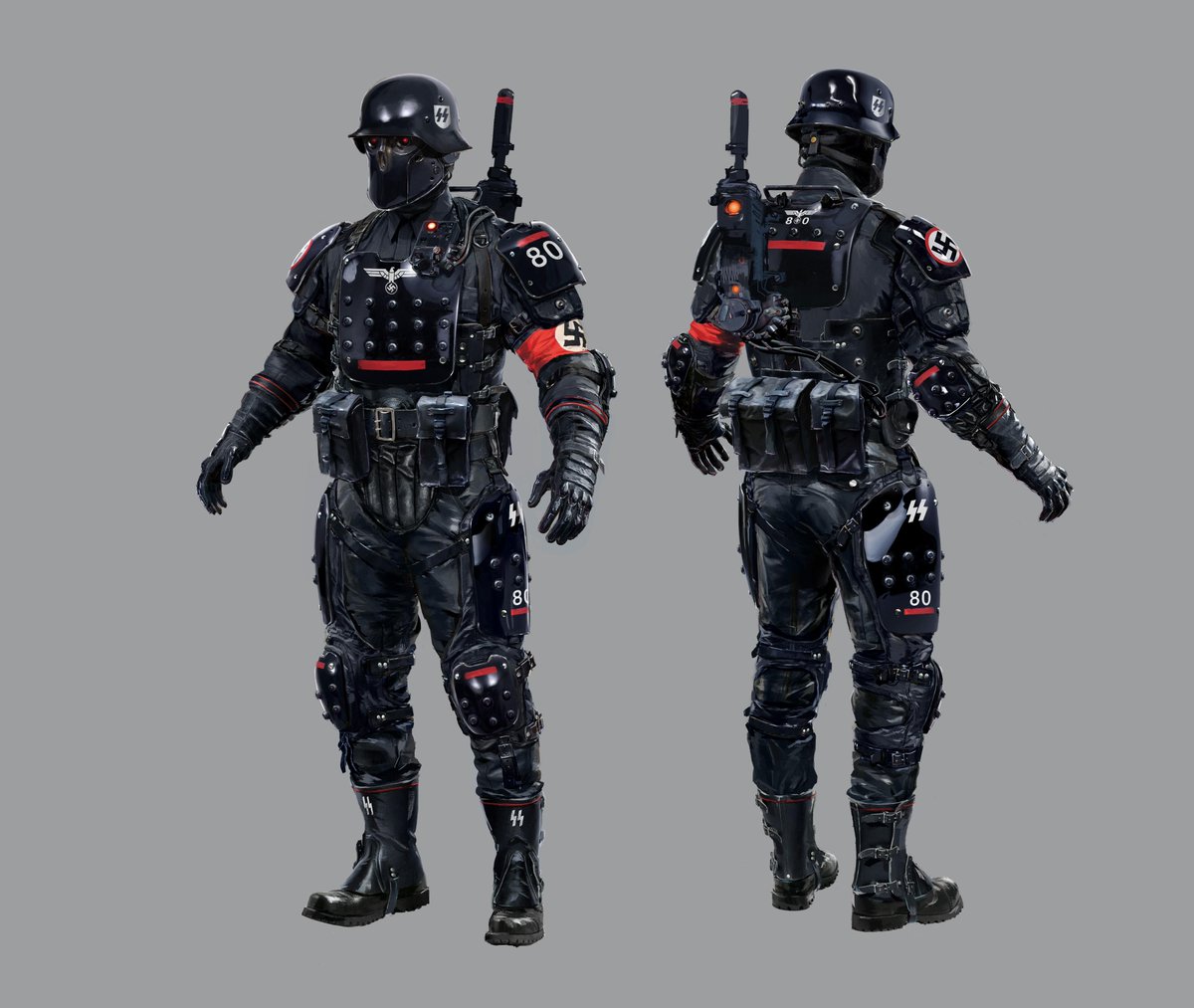 The appearance of enemies changes as you progress through the game, indicating their tier. (Their armor won't stand up against your upgraded weapons, though!) Here are some concept pieces of the different NeoSoldat variants! #Wolfenstein