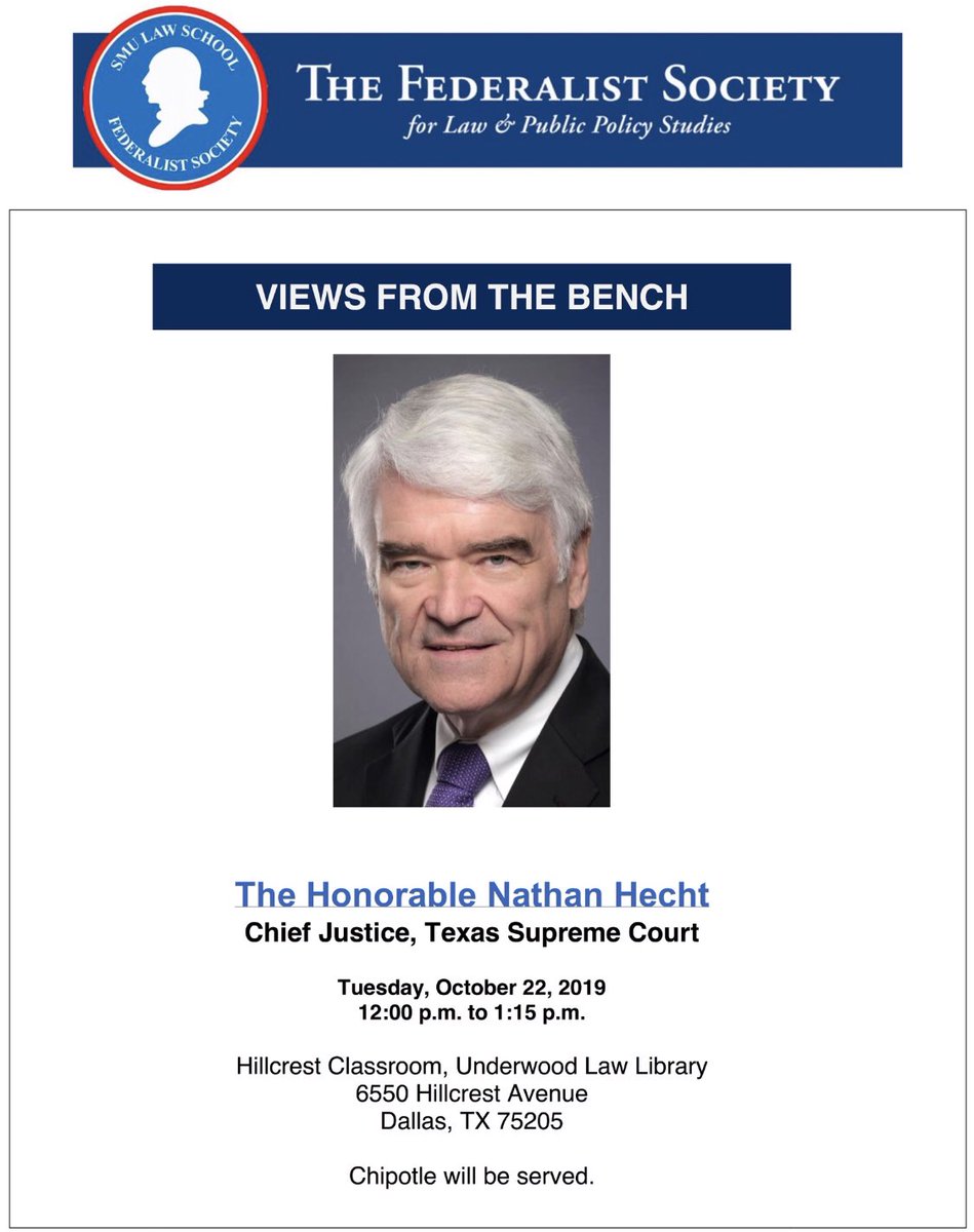 Don’t forget our event TODAY at noon. Chief Justice Nathan Hecht offers views from the bench! Dean Collins will moderate, and several distinguished alumni will be in attendance! We hope to see ya’ll soon!
