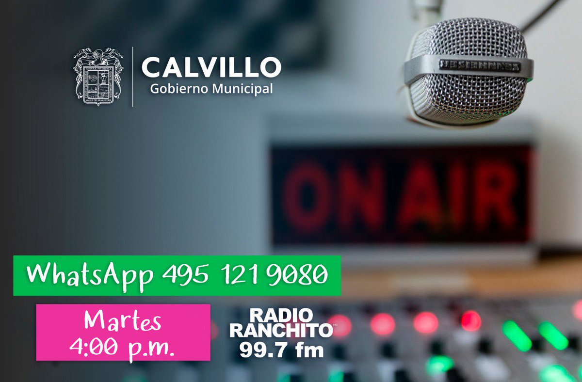 MpioCalvillo's tweet photo. #Hoy, de 4 a 5 pm, #PresidenteContigo en 99.7FM
Los calvillenses importan y aportan. ¡Te escuchamos!
#GobiernoContigo https://t.co/9K8cYdk1vK