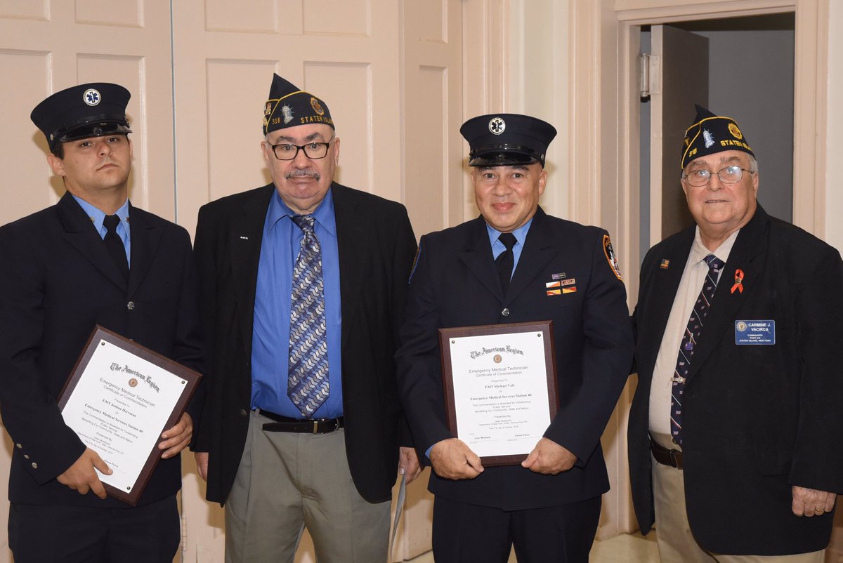 FDNY's tweet photo. Congrats to #FDNY EMTs Michael Vale and Joshua Herrman #Station40, Firefighter Craig Bielawski, and members of #Engine163 who were honored by the American Legion #onStatenIsland for outstanding public service. https://t.co/JbLXXM2Hef