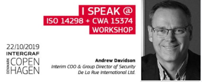 DeLaRuePlc's tweet image. Andy Davidson speaking “Chapter G – Disaster Related Risks.  Managing Compliance and Risk in order to provide confidence and control.” #intergraf  #securityprinters