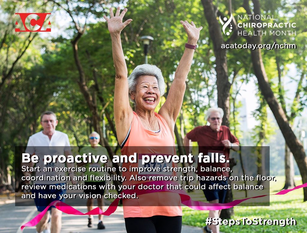 ChiropracticMY's tweet photo. Be proactive and prevent falls! Make a plan for an exercise routine, remove trip hazards on the floor, review your medications, and check your vision. #StepsToStrength https://t.co/QYJqj7ydtb