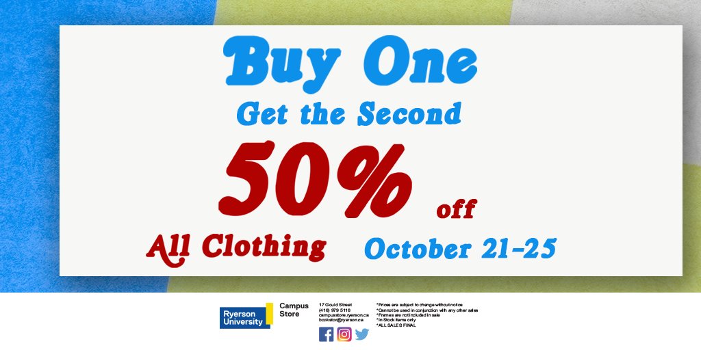 This week only! Buy one clothing item and get the second 1/2 off! Ends October 25th!