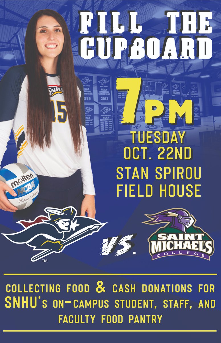 Don't forget to bring your non-perishable food item tonight to support SNHU's on-campus food pantry "The Cupboard," as @PENMENvball takes on Saint Michael's! We will also be accepting cash donations for The Cupboard.