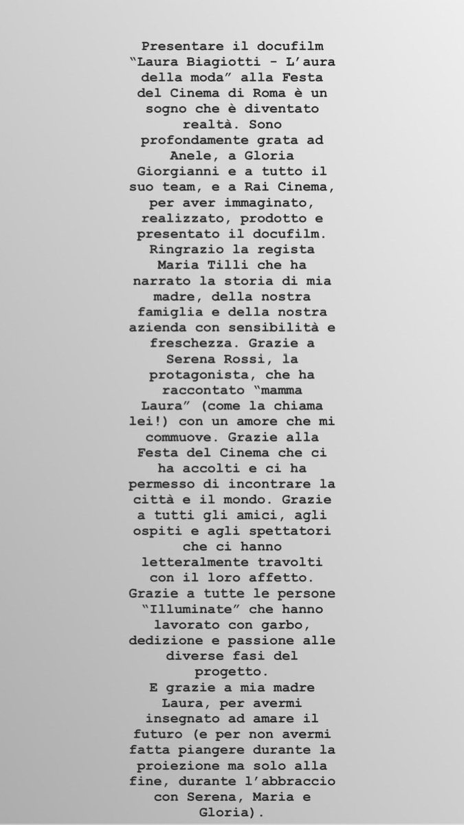 Presentare il docufilm “Laura Biagiotti - L’aura della moda” alla Festa del Cinema di Roma è un sogno diventato realtà. Sono profondamente grata ad Anele a Rai Cinema a Maria Tilli a Serena Rossi e a tutte le persone “Illuminate” che hanno lavorato con garbo e dedizione.