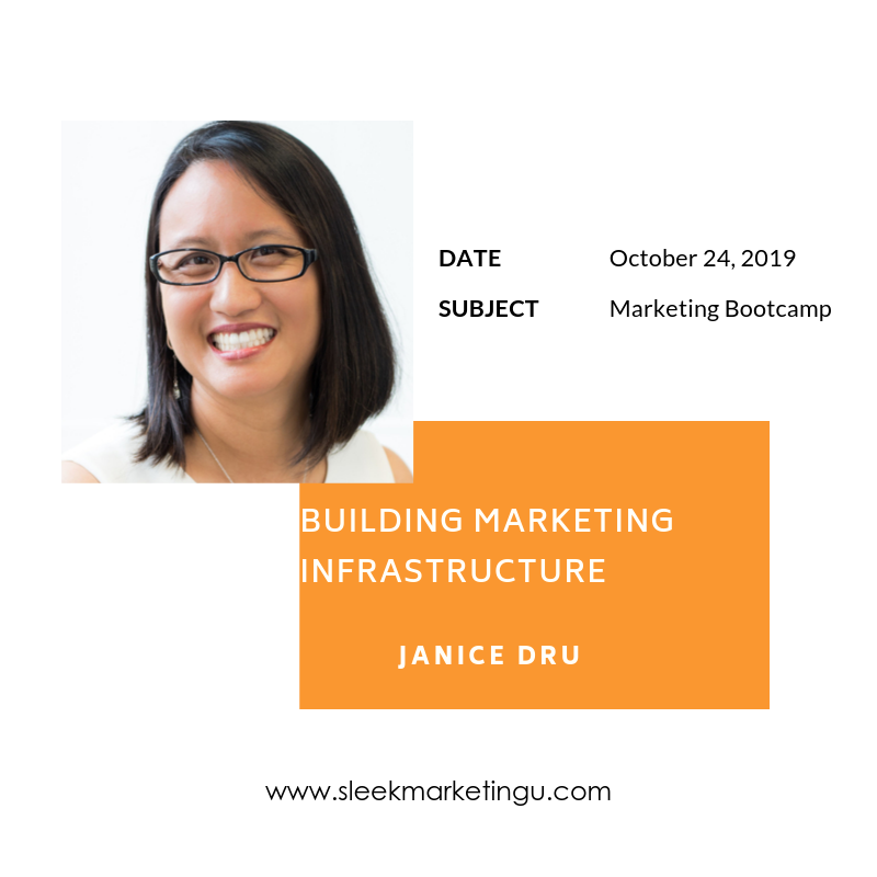Join us! <a href="/janicedru/">Janice Dru-Bennett</a> will be speaking about #marketing #infrastructure at #SleekMarketing #MarketingBootcamp Oct. 24 sleekmarketingu.com #smallbusiness #entrepreneurs