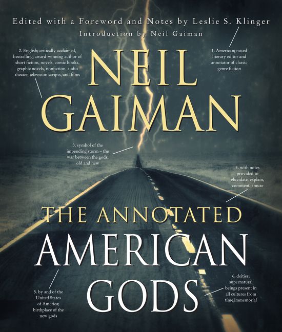 neilhimself's tweet photo. The cover of @lklinger's Annotated Edition of AMERICAN GODS... coming April 14th 2020. https://t.co/W1awb9iaVg