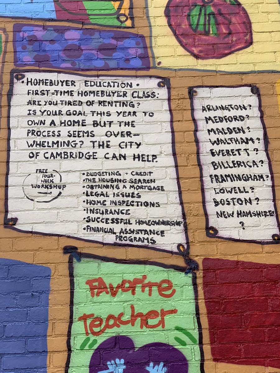 Ammallon's tweet photo. Update on @calebneelon mural “The Teachers Room” on Essex & Bishop Allen Drive in @CentralSQBID. This will be a powerful statement on displacement in #Cambma when complete 🙌🏼 https://t.co/msVqUmdPfD