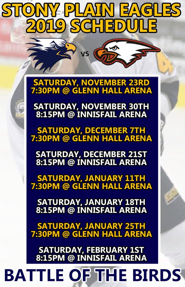 stonyplaineagl1's tweet photo. EAGLES FANS!! The Stony Plain Eagles are back for another season of Senior AAA hockey!
They will face off against Innisfail in the Battle of the Birds 8 times this season. See below for the full 2019 schedule!
#ACHW https://t.co/jPpmenXKNn