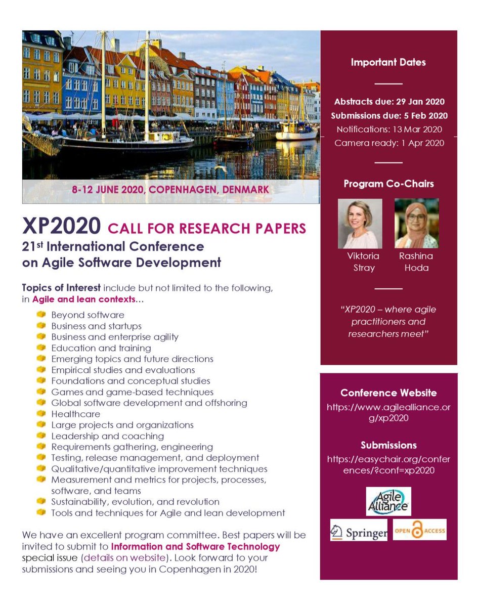Prof Rashina Hoda 🍉 (@agilerashina) on Twitter photo Mark your calendars! 🗓️
<a href="/XPConf/">XP Conference</a> #xp2020 Copenhagen 8-12 June 2020
Abstracts 29 Jan/Papers 5 Feb/Notification 13 Mar.
Best papers invited to <a href="/ISTJrnal/">IST Journal</a> special issue.
@SpringerOpen Gold Open Access.
@viktoriastray and I look forward to your contributions!
agilealliance.org/xp2020/ Mark your calendars! 🗓️
<a href="/XPConf/">XP Conference</a> #xp2020 Copenhagen 8-12 June 2020
Abstracts 29 Jan/Papers 5 Feb/Notification 13 Mar.
Best papers invited to <a href="/ISTJrnal/">IST Journal</a> special issue.
@SpringerOpen Gold Open Access.
@viktoriastray and I look forward to your contributions!
agilealliance.org/xp2020/