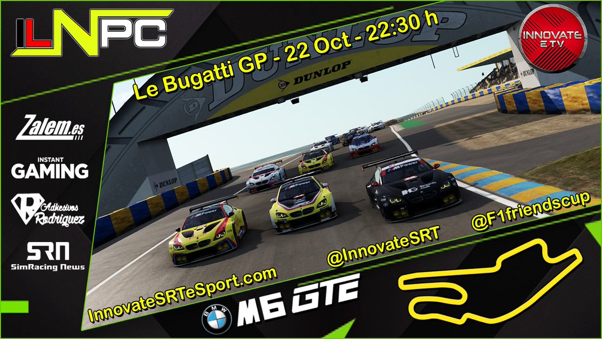 #ILNPC| Esta noche tenemos a la #DivisionM6 en accion!! Nos vamos a #LeBugattiGP para ver la 3a carrera de la temporada.
Te lo cuenta en directo como siempre @ISRT_Cabayashi 
@F1Friendscup 
<a href="/SimRNews_Es/">Simracing News</a> <a href="/ZalemSim/">Zalem Simuladores</a> <a href="/InstantGamingES/">Instant Gaming</a> #AdhRodriguez