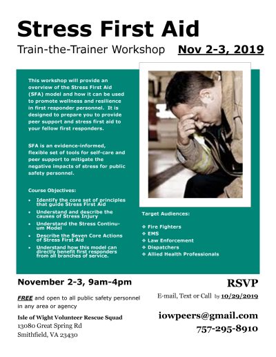 Isle of Wight VRS Hosting Stress First Aid TtT - 2 &amp; 3 November, 2019

peninsulas.vaems.org/regional-servi…