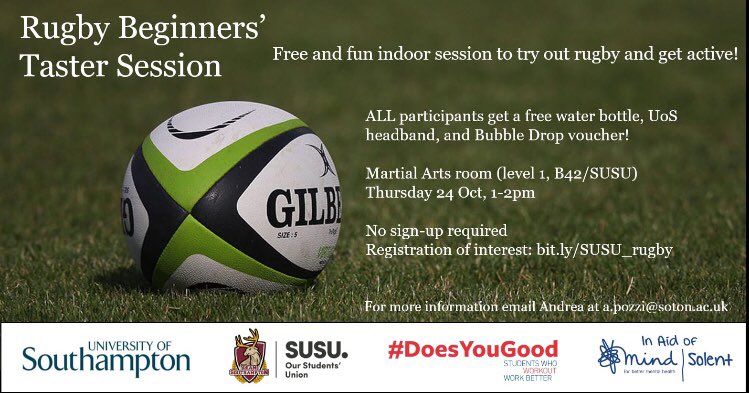 RUGBY BEGINNERS’ TASTER SESSION!🏉 
Hosted by SUSU and Sport &amp; Wellbeing
#getinvolved #thisgirlcan
