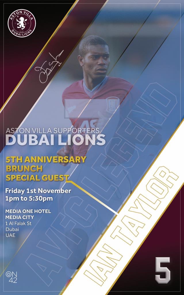 10 days till Dubai Lions 5th birthday party &amp; spaces are filling up for the Q&amp;A with special guest <a href="/IanTaylor7/">Ian Taylor(Only one😁)</a> &amp; the brunch. If you want to join in the fun contact us through twitter, Facebook, Instagram, email or at DubaiLions.com #AVFC #VTID #UTV #HolteEndersInDubai