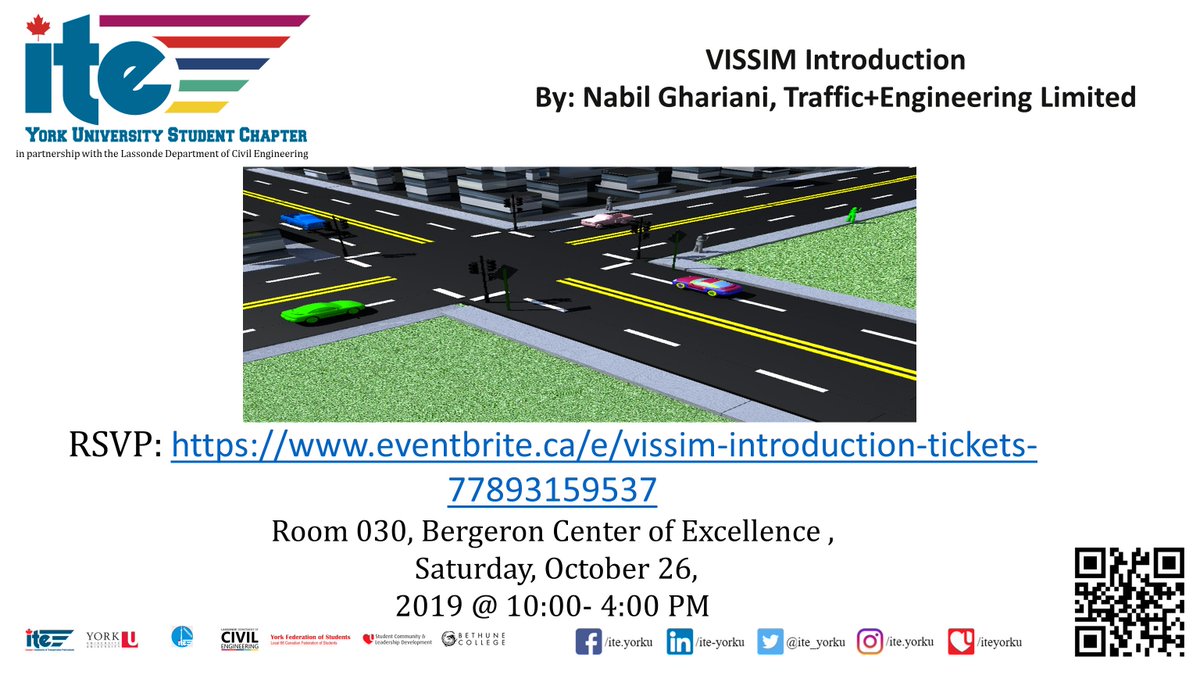 ite_yorku's tweet photo. October 26th event 'PTV VISSIM Tutorial'- organized by ITE York University Student Chapter.
In this event, students will learn how to use the simulation software known as VISSIM.
#ITEYorkU @esricanada #traffic+#engineeringLtd #seminer #vissim #software #transport #simulation https://t.co/Dv4Wp6njQs