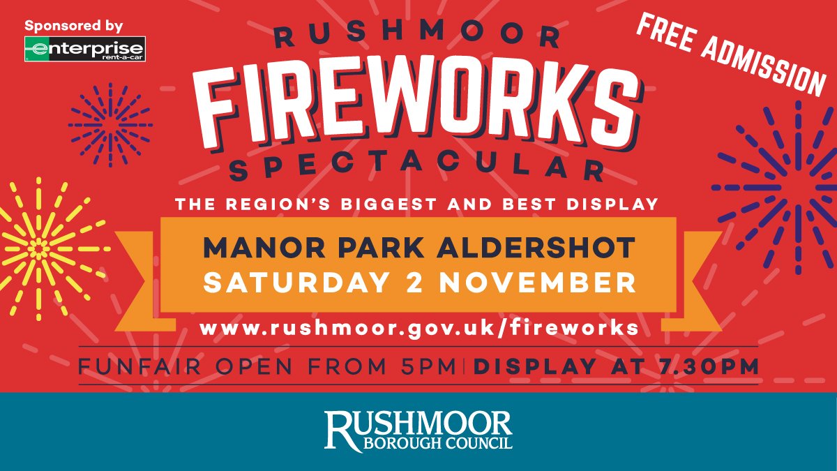 RushmoorCouncil's tweet photo. The Rushmoor Fireworks Spectacular is back at Manor Park, Aldershot, on Saturday, 2 November – and entry will once again be free!
The event is one of the biggest &amp; best firework displays in he area and last year attracted over 12,00 people! https://t.co/iULqUzqtxF https://t.co/yJci0JPm74
