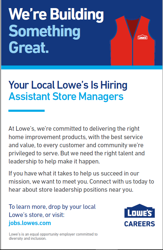 BakerBrandie's tweet photo. We have the perfect career change for you.
Lowe's of Abingdon, VA has an opening for a Merchandising ASM. Apply at https://t.co/8um4lOvheU  @1280Market @dwest110 https://t.co/2xsCptJJ7y