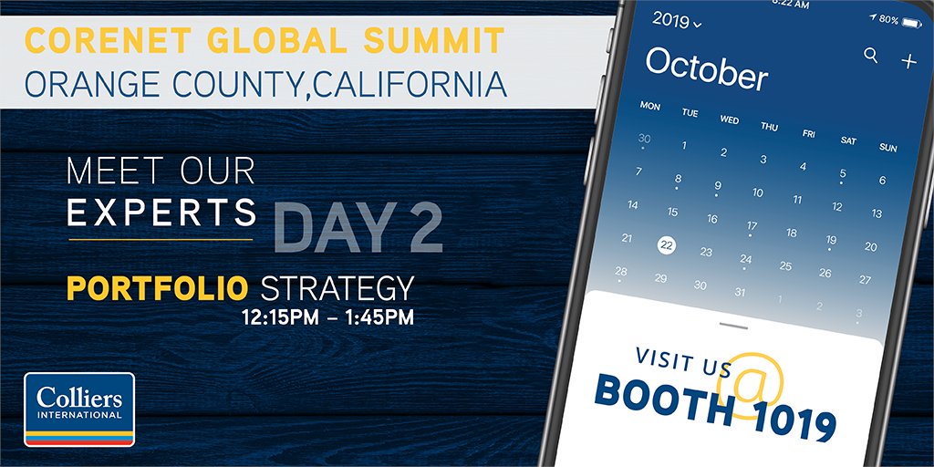 ColliersLIVE's tweet photo. Head's up #CNGOC attendees: visit Booth 1019 where our Portfolio Strategy experts are on site from 12:15-1:45 PM to share insight and actionable tips for portfolio planning, consulting management and location strategy. See you there! #BEColliers #OccupierServices https://t.co/nCMEpjZEQn