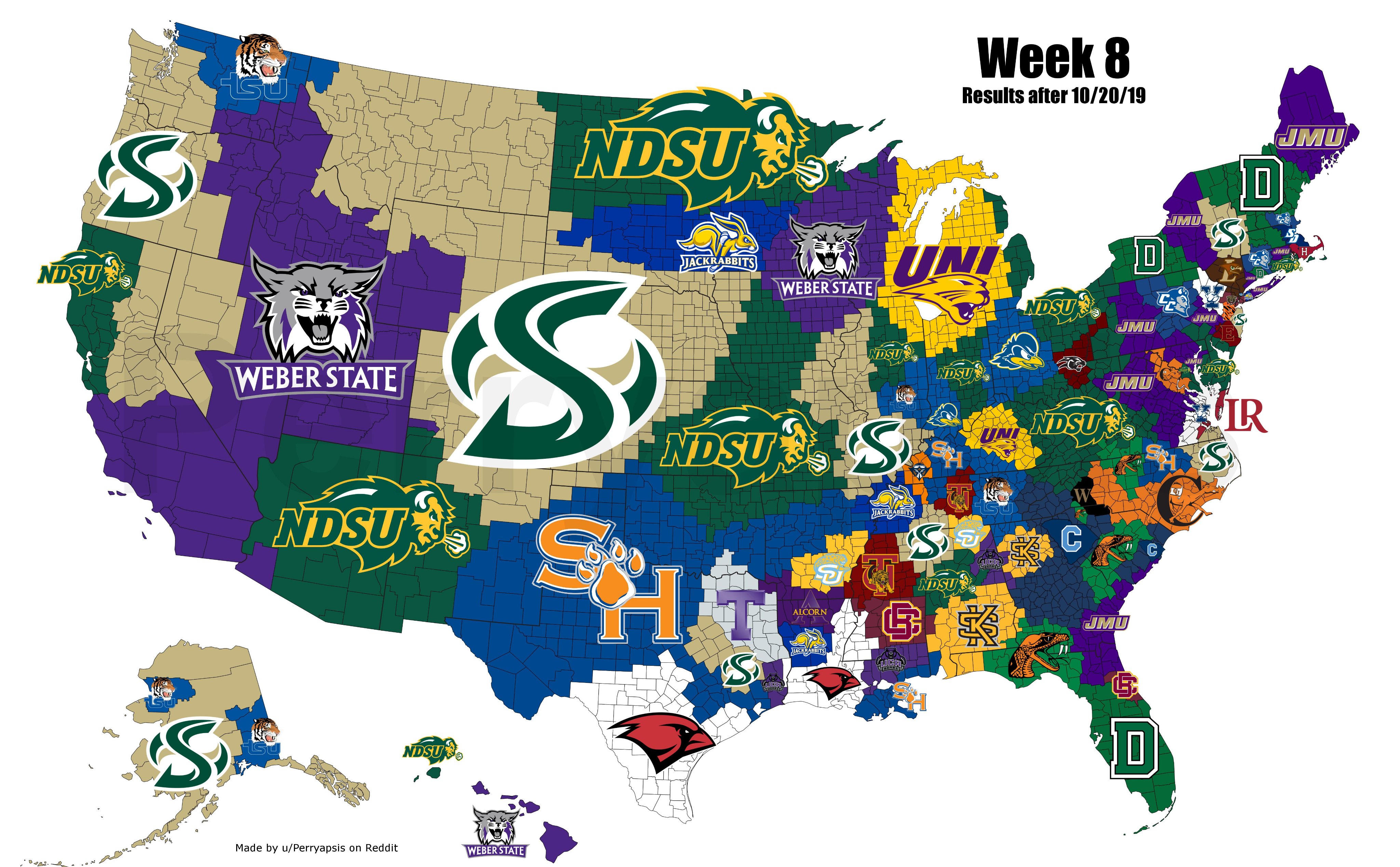 NCAA FCS Football on X W E E K 8 How the FCS Imperialism Map works Each county in US assigned to closest FCS team. When a team wins they