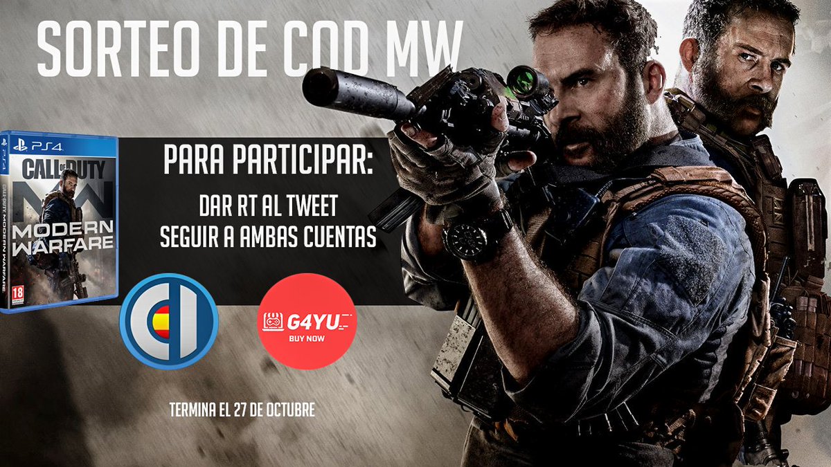 AleexBlaze's tweet photo. #ModernWarfare 
🔥SORTEO de un Call of Duty Modern Warfare para PS4 o Xbox one! 
⚠️Requisitos obligatorios.
➡️Seguirnos @CoDEspMW &amp; @g4yucom 
➡️Dar RT
🚨Aumenta X2 tu probabilidad de ganar entrando en https://t.co/r45h2uLJn9
Finaliza el día 27 de octubre.
Suerte! https://t.co/uI82vDCe8R