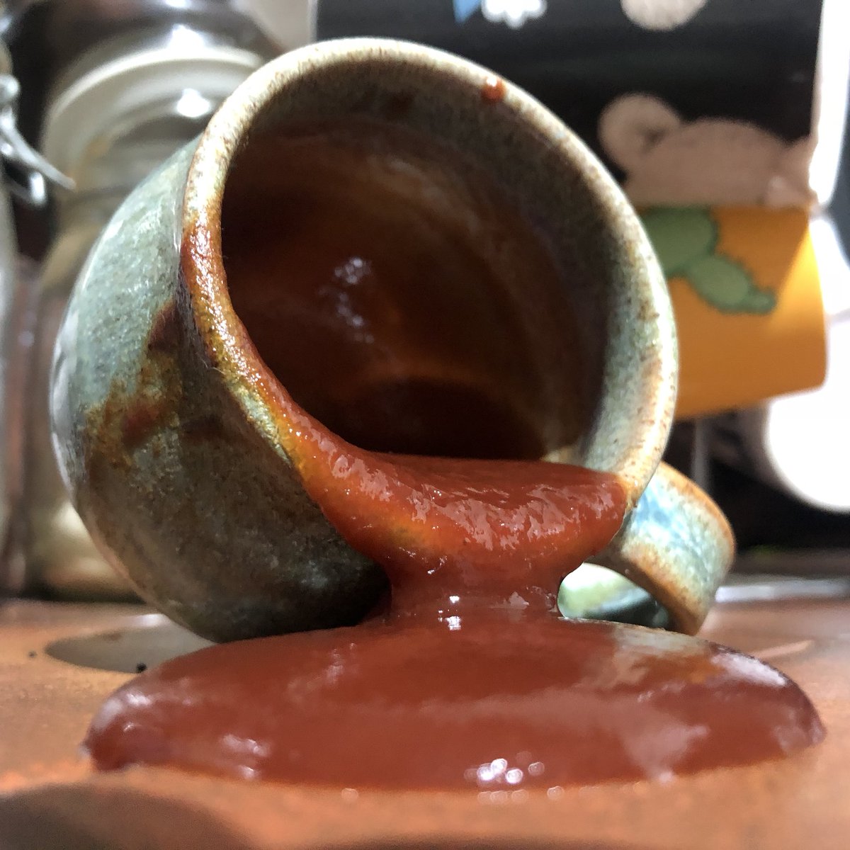 HarryBushrod's tweet photo. Day 7 of mum being away, a small mug of what I believe to be bbq sauce has been overturned in the kitchen. I have now turned it into an art exhibition as nobody will own up. https://t.co/3BiHjPJars