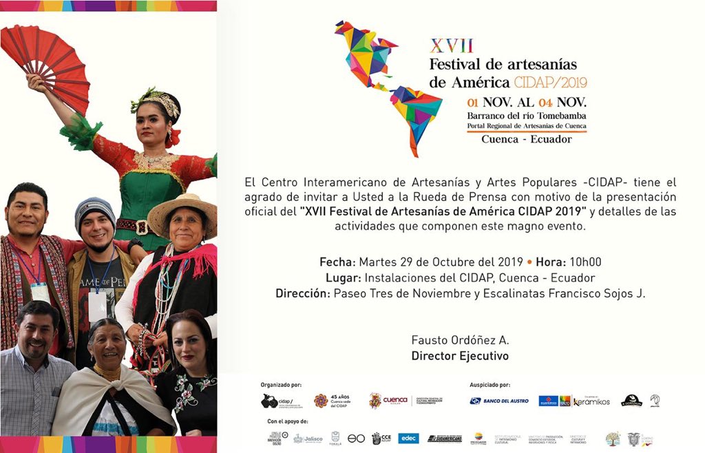 Este martes 29 de octubre invitamos a los medios de comunicación de la ciudad de Cuenca a participar en la rueda de prensa de la presentación oficial del "XVII Festival de Artesanías de América <a href="/CIDAPAMERICA/">CIDAP</a> 2019", para conocer detalles de este evento. ¡Te esperamos!