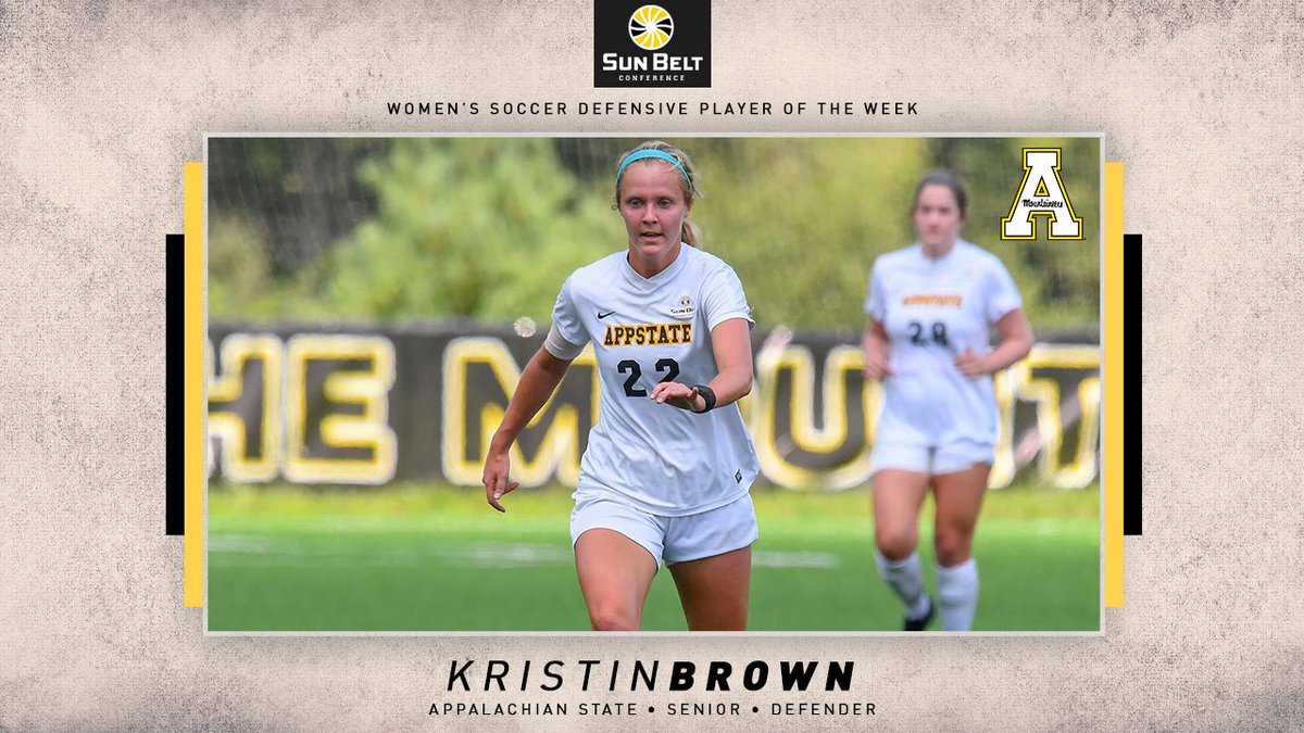 Congratulations to <a href="/appstatewsoccer/">App State Soccer</a>'s Kristin Brown for being named the #SunBeltWSOC Defensive Player of the Week!

Brown helped App go 1-0-1 on the weekend. The back-to-back shutouts for App is a first this season.

#MakeAnImpact #RiseAbove
