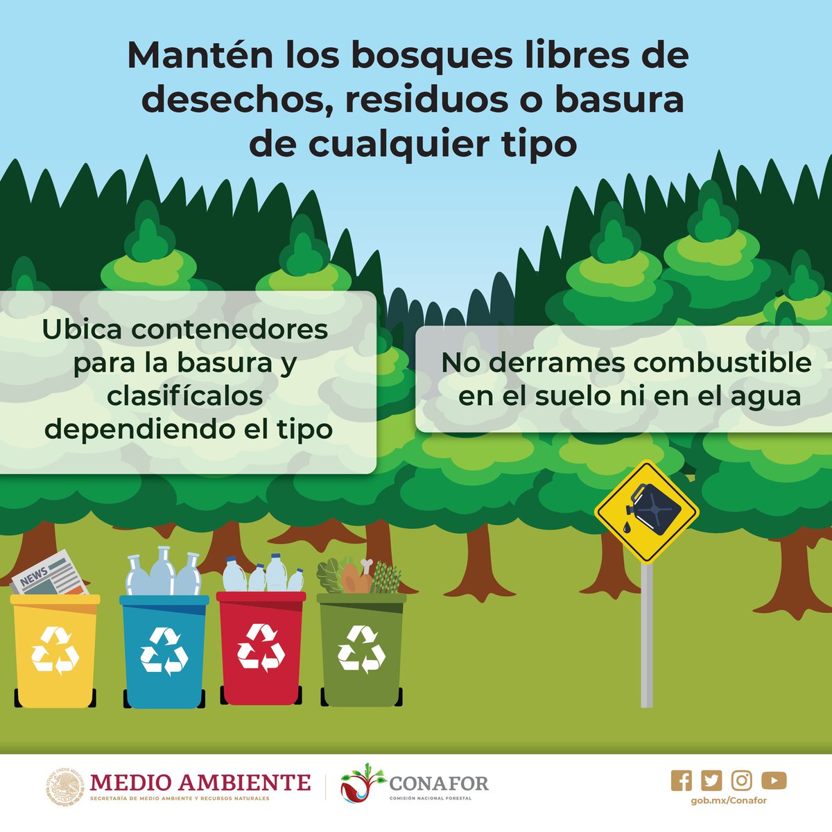 CONAFOR's tweet photo. Si visitas una zona forestal, #Recuerda recoger tu basura y de preferencia separarla, con esto evitas que nuestros suelos se contaminen 🚮🗑️🍫 https://t.co/j13M3ATESo