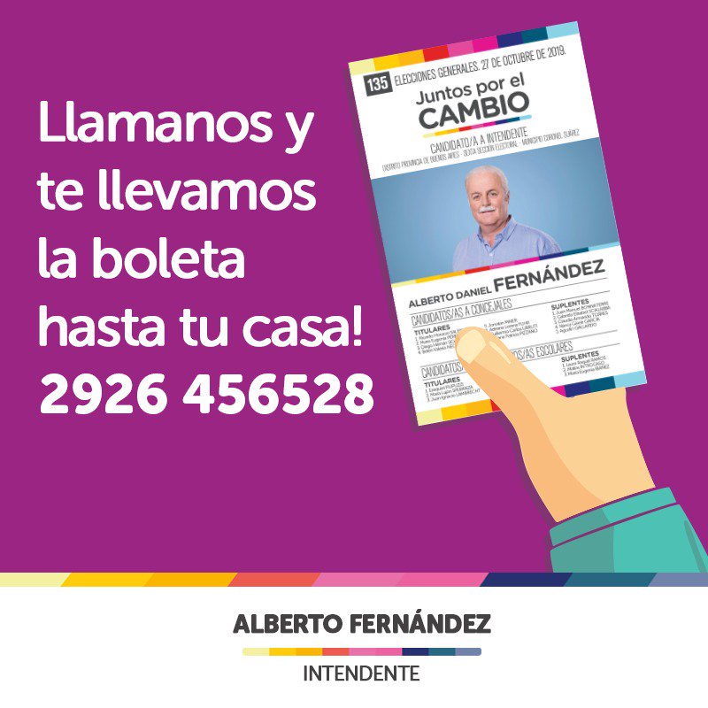 Este domingo vamos a defender la democracia, los valores y el futuro de nuestro distrito en las urnas. Es importante que todos tengan su boleta. Por eso, te la llevamos hasta tu casa! Comunicate al 2926 456528. #ElegíFuturo para Suárez 💪🇦🇷