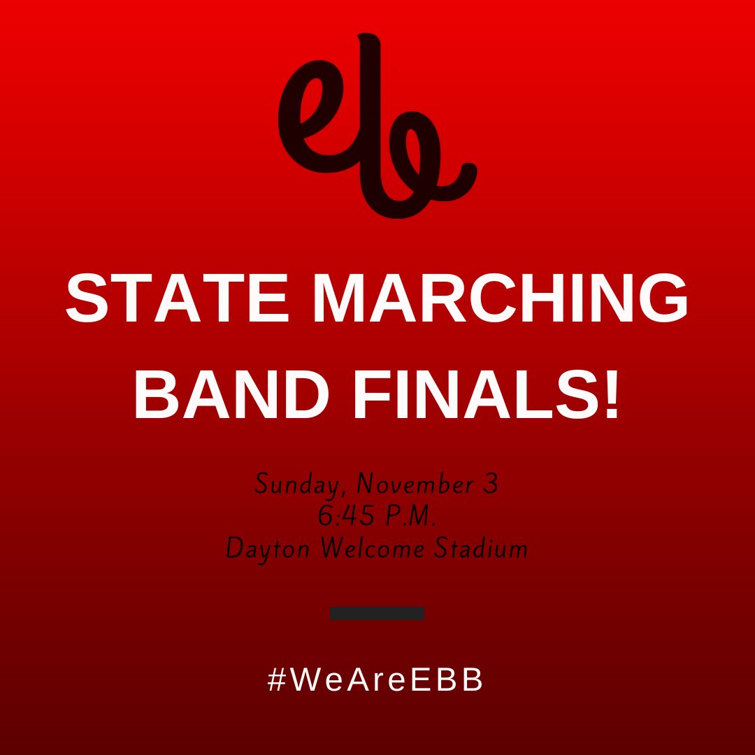 ebbands's tweet photo. We have our tentative State Finals slot!
Make plans now to join us under the lights for our final performance of #WG19. We need lots of LOUD Warrior fans in the stands!
#WeAreEBB https://t.co/fEXT8zNwv1