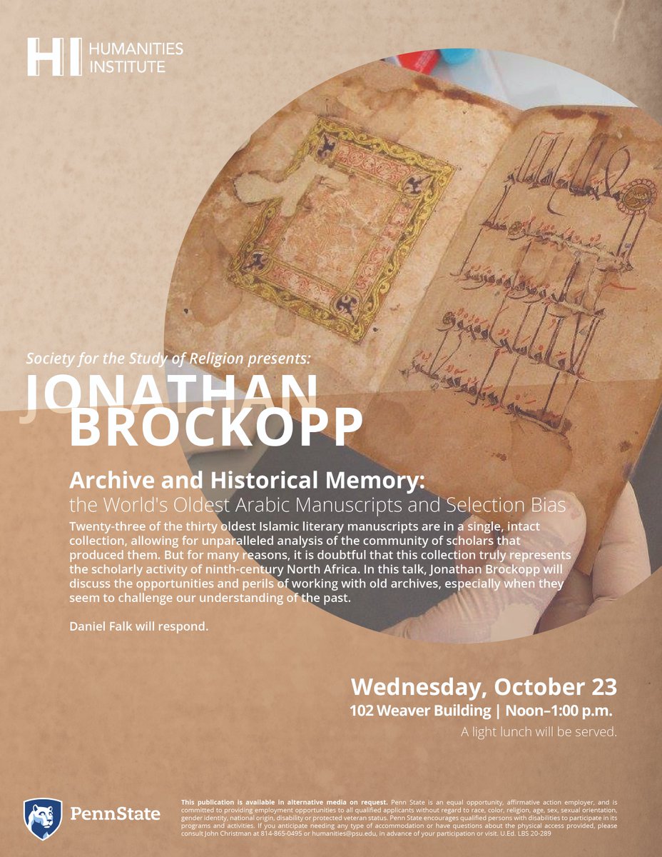 PSUHumanities's tweet photo. Join the Society for the Study of Religion for their talk tomorrow on "Archive and Historical Memory."
Wednesday, October 23, 102 Weaver, noon to 1 p.m.
A light lunch will be served! #letsgetHI https://t.co/5Lmk8piPiv