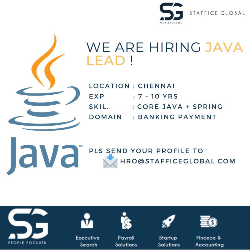 stafficeglobal's tweet image. #Hiring #java #javalead #Chennai #jobs #ITjobs