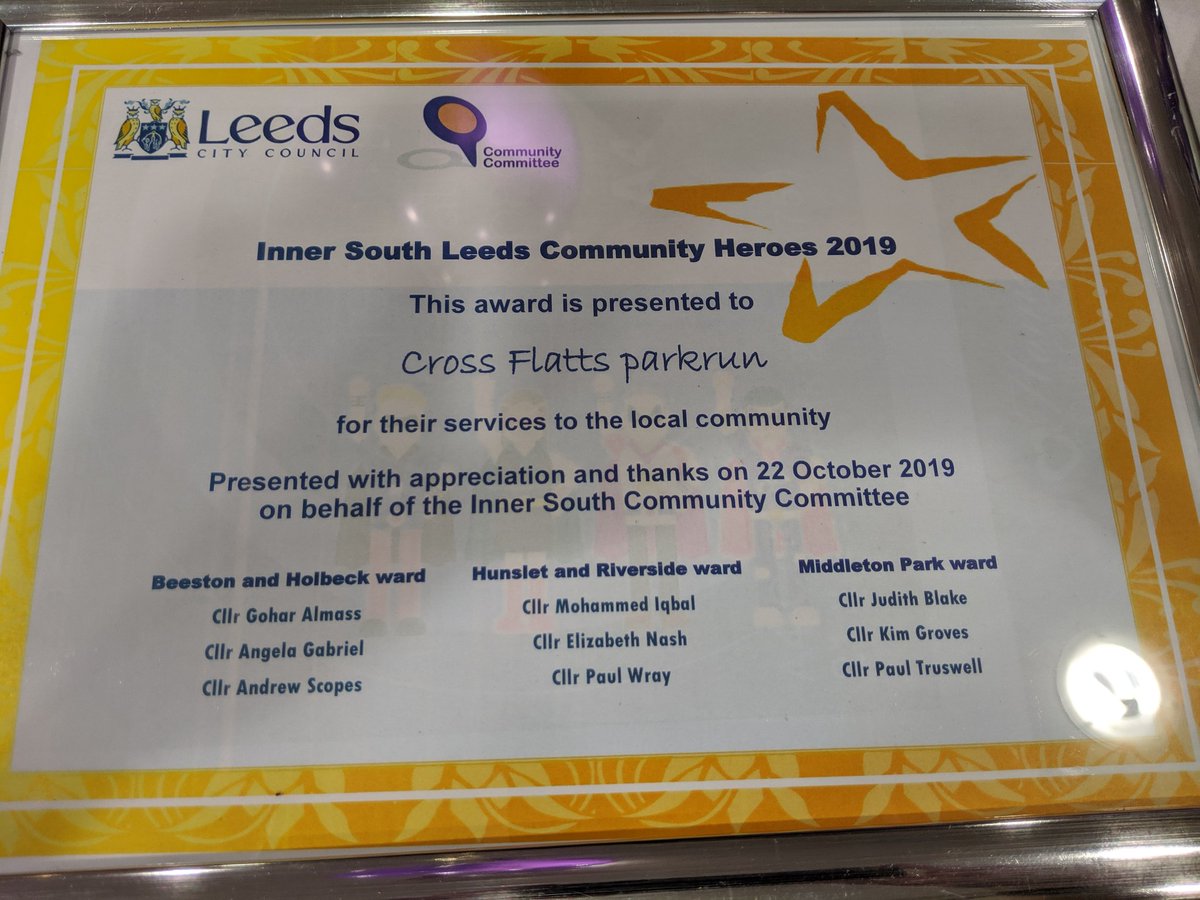 Fantastic to be recognised for services to the local community at the Leeds City Council Inner South Community Heroes Awards this evening. @parkrunUK #Leeds #southleeds