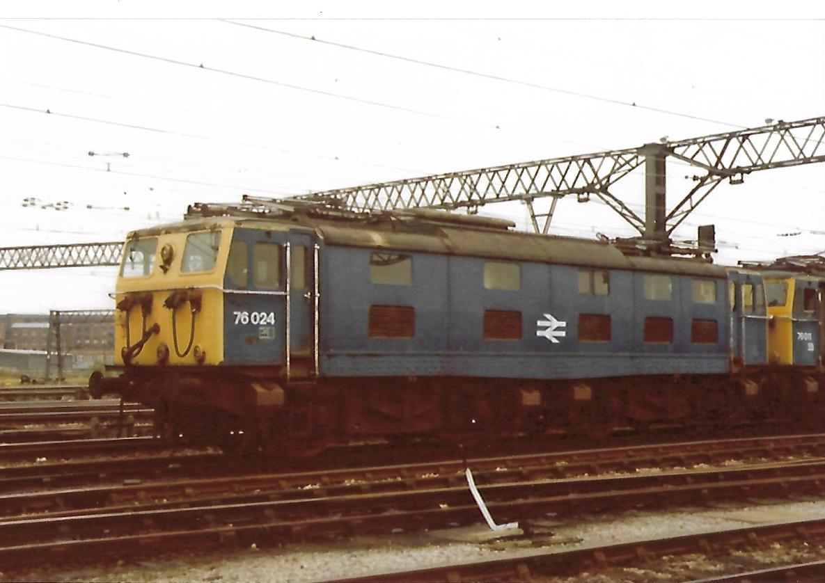 British Rail Woodhead Route Bo+Bo Class 76 1500V D.C. Electric loco 26024 built at Gorton in 1951. Became 76 024 under TOPS. Stabled with pantographs down at Manchester Guide Bridge 17/5/81 ##BritishRail #Woodhead #Class76 #Loco #trainspotting #Manchester #Gorton #GuideBridge 🤓