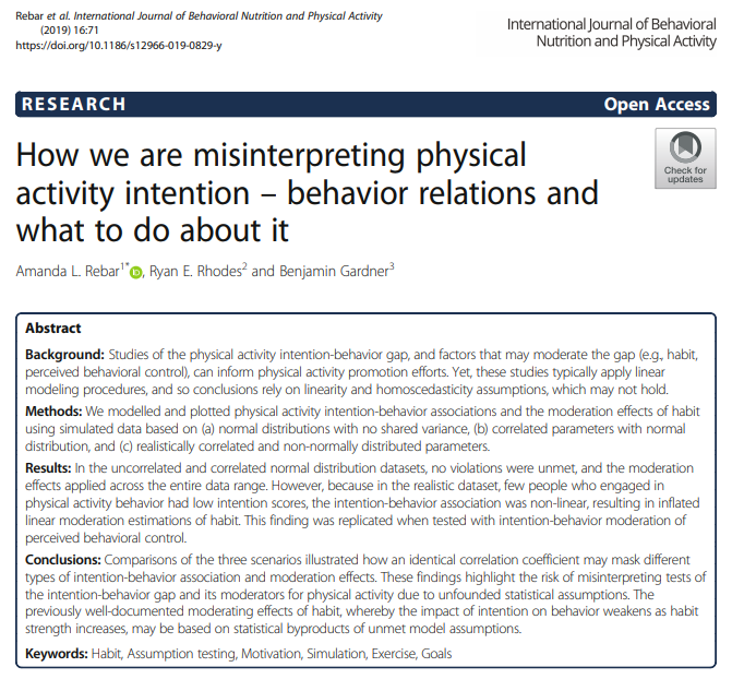 Today's #TTBCIFeature: @AmandaRebar, @bmedlab, and @drbengardner discuss physical activity intention-behavior relations and the moderating effects of habit may be based on statistical byproducts of unmet model assumptions.😯ijbnpa.biomedcentral.com/articles/10.11… And it's an #openaccess article!