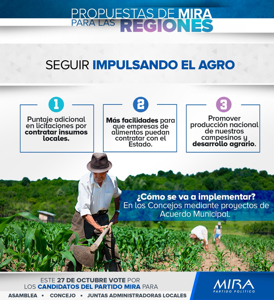PartidoMIRA's tweet photo. ¡Los campesinos son #LaFuerzaQueNosUne! 

#MIRAPropone trabajar en los Concejos en pro del desarrollo del agro y para impulsar productores locales. 

▶ Detalles de la propuesta: https://t.co/e8HImag4qV https://t.co/3VDARwH1QD