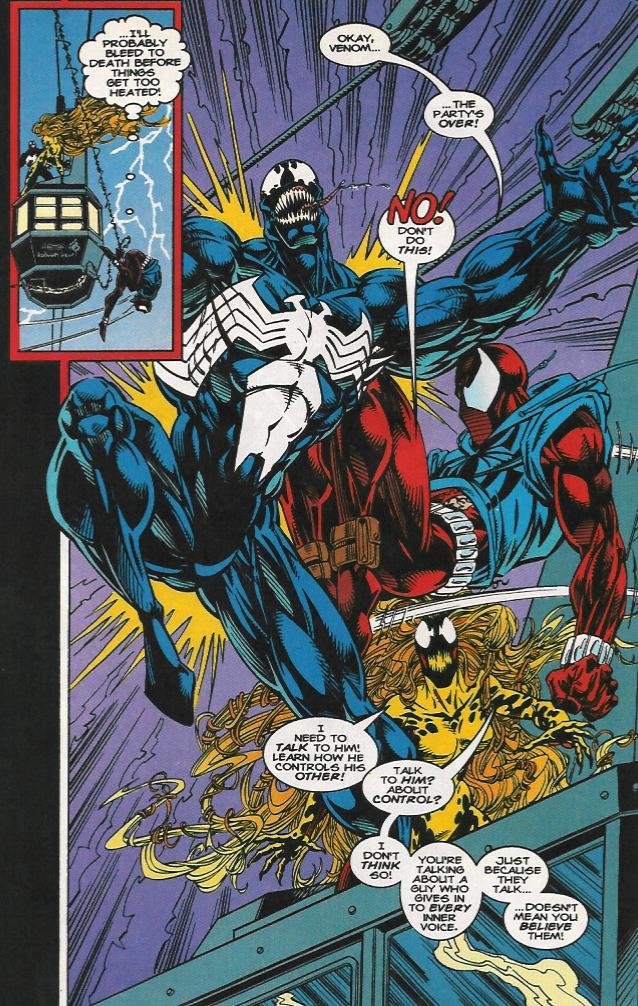 Scream next appearance is in 'The Exile Returns', seeking to know how Eddie is able to control his symbiote.Venom refuses and the two battle once again, only being interrupted by the appearance of the Scarlet Spider!