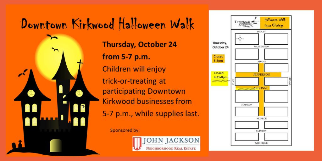 Join us for our annual Halloween Walk this Thursday evening! Please note, there will be some street closings. 
#halloween #Kirkwood  #DTK
downtownkirkwood.com