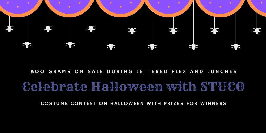 tvstuco's tweet photo. STUCO is getting ready for Halloween, are you? Send Boo Grams to friends or teachers- on sale in the school store. Our Halloween costume contest will let the best and brightest shine with a chance at winning prizes. Want to know more? Ask a STUCO member for details! https://t.co/9b6EEjxcJv