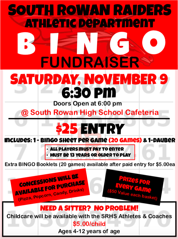 SRowanAthletics's tweet image. Looking for some Saturday night BINGO fun? Come out and help support SRHS Athletics and win some prizes sponsored by our teams!!
