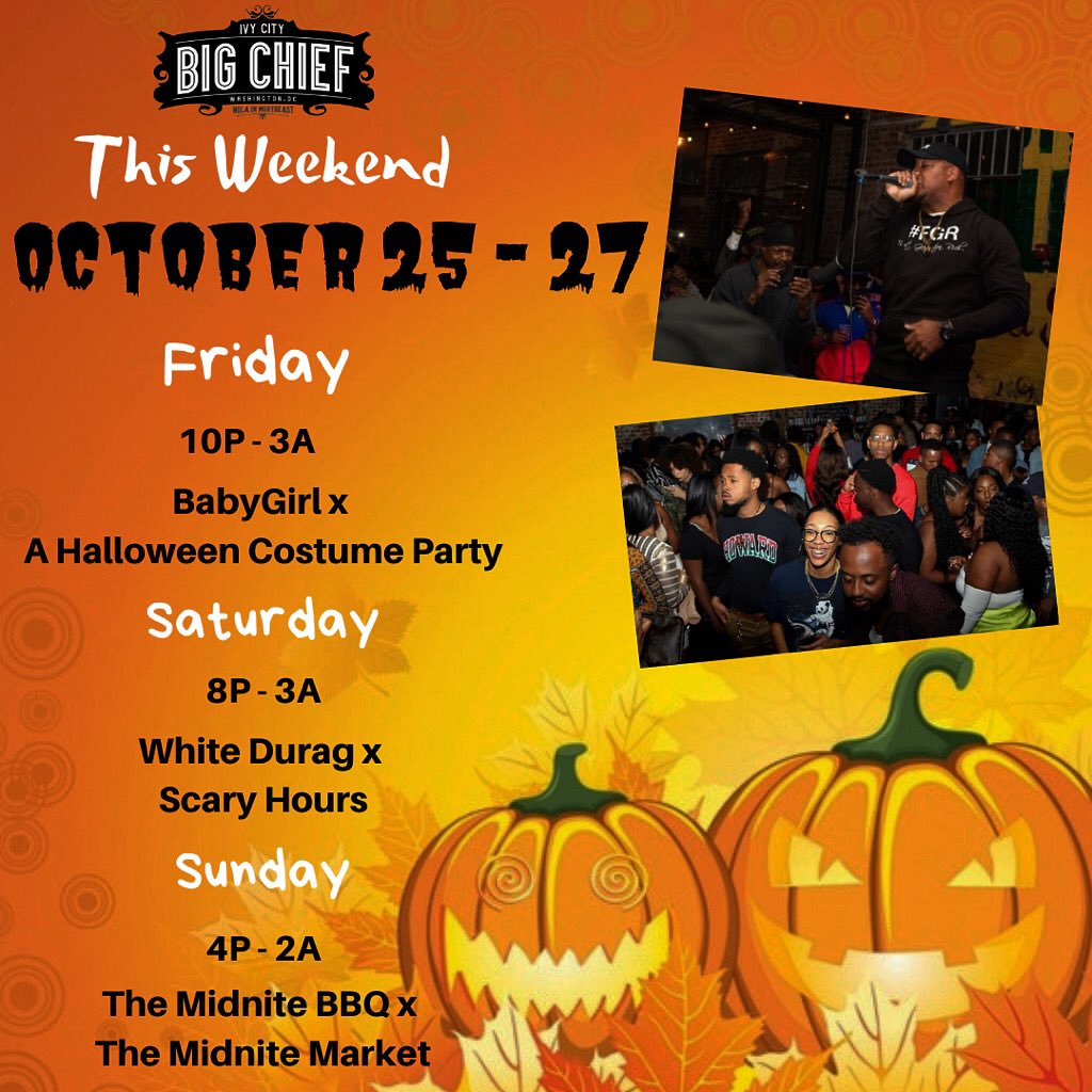 This weekend @ Big Chief!! Get your costumes and spooky spirit ready!! Visit our calendar for more details and RSVP links!! 😈🎃