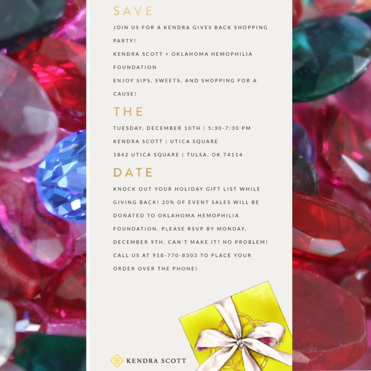 SAVE THE DATE!
🛍Shop to support the Oklahoma Hemophilia Foundation: Serving those with Bleeding Disorders. ❤️
#kendrascott #kendrascottgivesback #fundraiser #OklahomaHemophiliaFoundation
#BleedingDisorders
#Hemophilia
#VonWillebrands 
#FactorDeficiency
#ITP
#Oklahoma